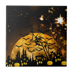 Flying Witch Harvest Moon Bats Halloween Gifts Ceramic Tile