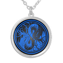 Flying Yin Yang Dragons - blue and black Custom Necklace