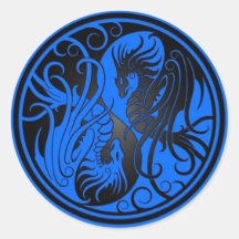 Flying Yin Yang Dragons - blue and black Round Stickers