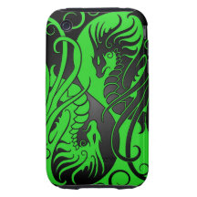 Flying Yin Yang Dragons - green and black Tough iPhone 3 Cases