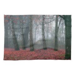 Fog in Autumn Forest with Red Leaves Hand Towel