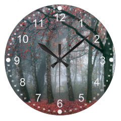 Fog in Autumn Forest with Red Leaves Wall Clock