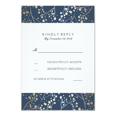 Foil Baby's Breath Navy Wedding RSVP Cards