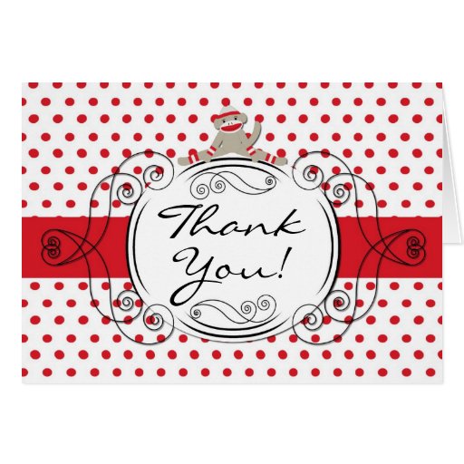 Folded Thank You Card Red Polkadot Sock Monkey Toy