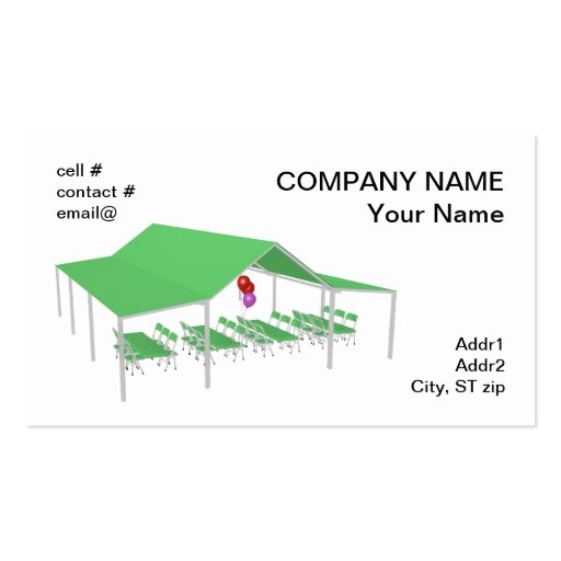 folding chair and tables with party balloons business card template (front side)