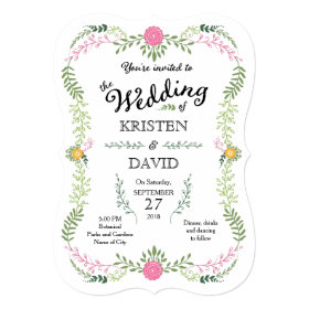Foliage Garland (Pink & Green) Vintage Wedding 5x7 Paper Invitation Card