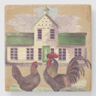 Folk Art Farmyard Chickens Rustic Design Stone Beverage Coaster