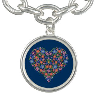 Folk Art Floral Heart Blue Charm Bracelet