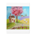Folk art landscape mouse sheep old cottage postcard