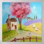 Folk art landscape mouse sheep old cottage posters