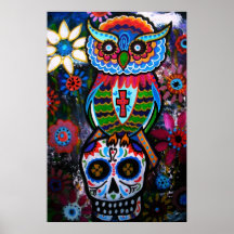 FOLK ART OWL DAY OF THE DEAD PAINTING POSTERS