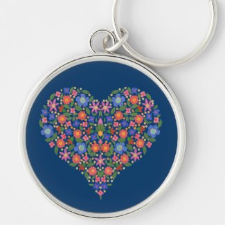 Folk Art Style Floral Heart Blue Round Keychain