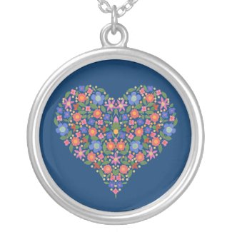 Folk Art Style Floral Heart Blue Round Necklace