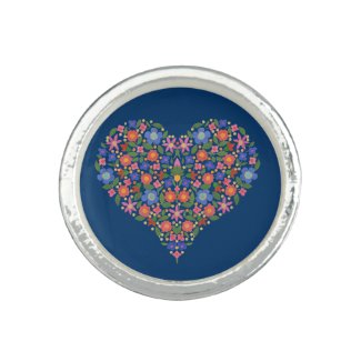 Folk Art Style Floral Heart Blue Round Ring