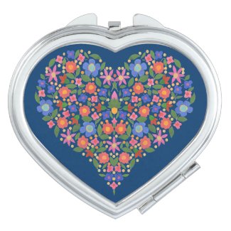 Folk Art Style Floral Heart on Blue Compact Mirror