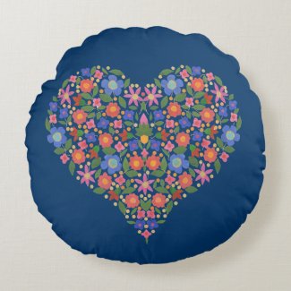 Folk Art Style Floral Heart on Blue Throw Pillow Round Pillow