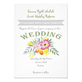 Folklore pink flowers modern floral wedding 5x7 paper invitation card