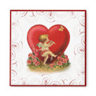 square_magnet - Cute dancing cherub is playing a flute. This musical angel has his eye on a butterfly. Flowers bloom at his feet. Big red heart in background. An adorable vintage design offered on gift items and clothing.: Sizes 