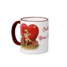 ringer_mug - Cute dancing cherub is playing a flute. This musical angel has his eye on a butterfly. Flowers bloom at his feet. Big red heart in background. Text says Follow Your Heart. An adorable vintage design offered on gift items and clothing.: Sizes  Available colors: maroon