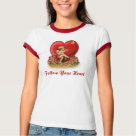 ladies_casual_ringer_tshirt - Cute dancing cherub is playing a flute. This musical angel has his eye on a butterfly. Flowers bloom at his feet. Big red heart in background. Text says Follow Your Heart. An adorable vintage design offered on gift items and clothing.: Sizes  Available colors: whitered