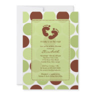 Footprint Baby Shower Invitation Green Polka Dots