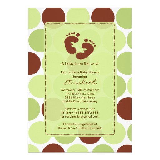 Footprint Baby Shower Invitation Green Polka Dots