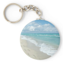 Footprints on White Sandy Beach, Scenic Aqua Blue Key Chain