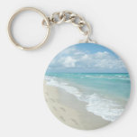 Footprints on White Sandy Beach, Scenic Aqua Blue Key Chain