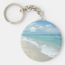 Footprints on White Sandy Beach, Scenic Aqua Blue Key Chain