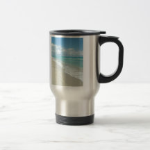Footprints on White Sandy Beach, Scenic Aqua Blue Mugs