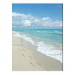 Footprints on White Sandy Beach, Scenic Aqua Blue Post Card