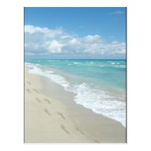 Footprints on White Sandy Beach, Scenic Aqua Blue Post Card