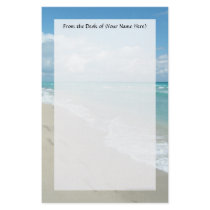 Footprints on White Sandy Beach, Scenic Aqua Blue Stationery Design