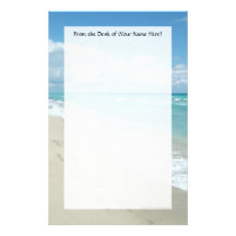 Footprints on White Sandy Beach, Scenic Aqua Blue Stationery Design