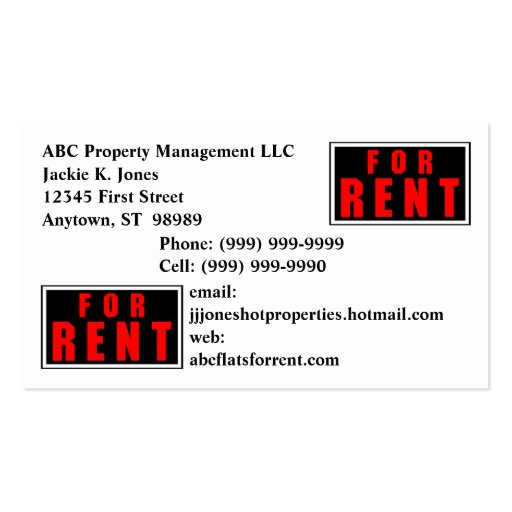 FOR RENT Sign Business Cards Card Rental Service (front side)