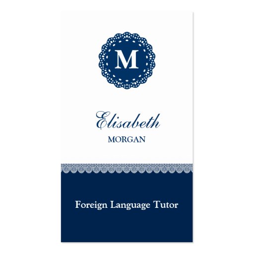 Foreign Language Tutor Elegant Blue Lace Monogram Business Card Templates (front side)