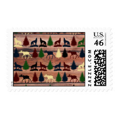 Forest Moose Wolf Wilderness Mountain Cabin Rustic Postage Stamps