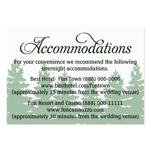 Forest Wedding Accommodation - Reception Cards Business Card Templates (front side)