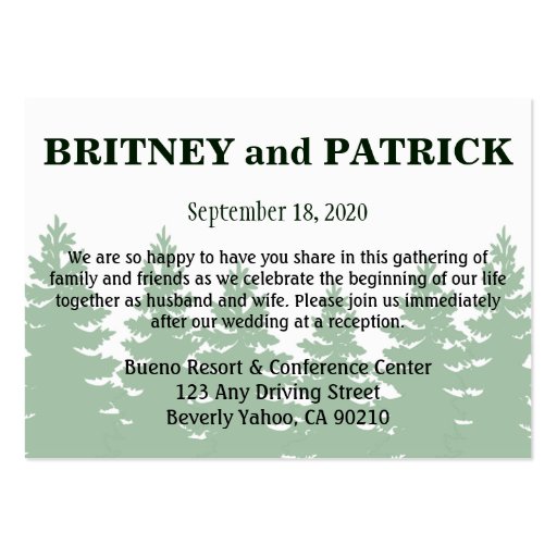 Forest Wedding Accommodation - Reception Cards Business Card Templates (back side)