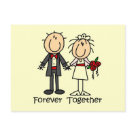 postcard - A stick figure bride and groom and text that reads "Forever Together" on wedding T-shirts, mugs, cards, stickers, tote bags, magnets, postage stamps, mousepads, hoodies, and other bride and groom apparel and gifts, perfect for the newlyweds to wear on their honeymoon and the weeks following the big day!
