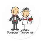round_sticker - A stick figure bride and groom and text that reads "Forever Together" on wedding T-shirts, mugs, cards, stickers, tote bags, magnets, postage stamps, mousepads, hoodies, and other bride and groom apparel and gifts, perfect for the newlyweds to wear on their honeymoon and the weeks following the big day!