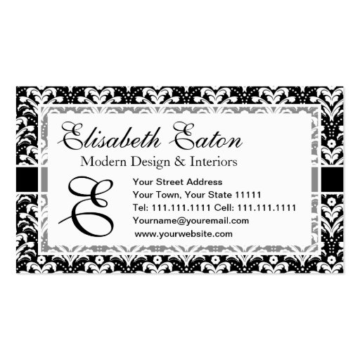 Formal Black and White Retro Damask Art Deco Style Business Card Template (front side)