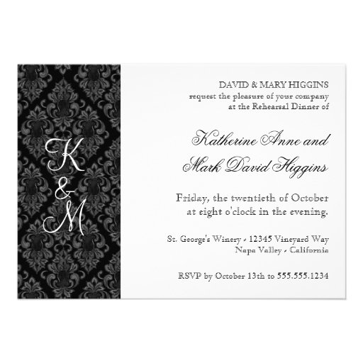 Formal Black White Damask Rehearsal Dinner Invites