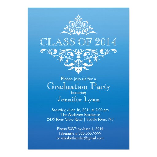 Formal Blue Elegant Flourish Graduation Party Announcements (front side)