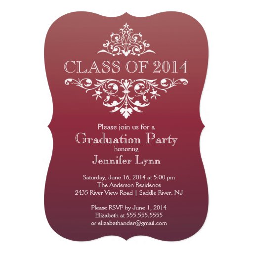 Formal Burgundy Elegant Flourish Graduation Party Personalized Invitations (front side)