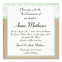 Formal Mint Burlap First Communion Invitation