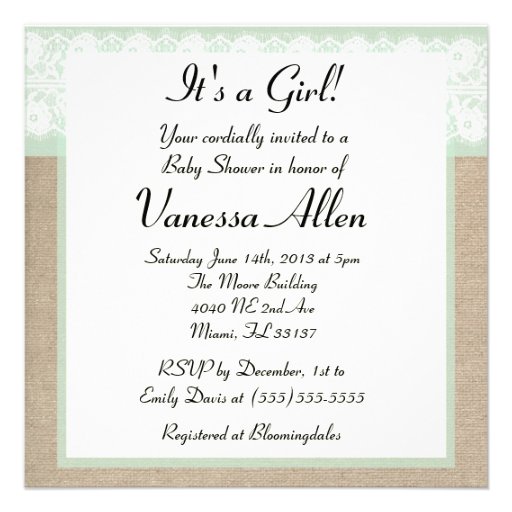 Formal Mint Burlap Lace Baby Shower Invitation