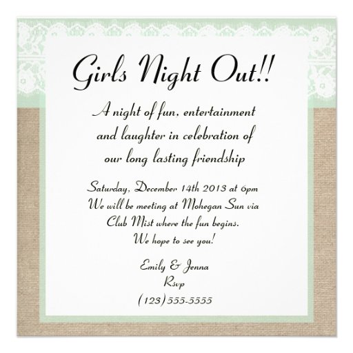Formal Mint Burlap Lace Girls Night Out Invitation