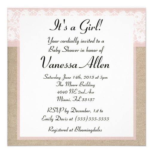 Formal Pink Lace Burlap Baby Shower Invitation