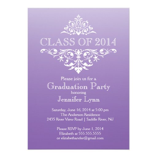 Formal Purple Elegant Flourish Graduation Party Custom Announcements (front side)